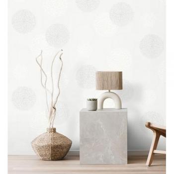 Papel Pintado Vinílico Geométrico de Círculos y Flores en Gris Claro con Relieve - Rollo de 10 m x 0,53 m