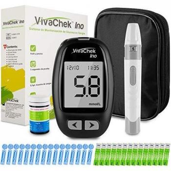 Medidor de glucosa en sangre, kit medidor azucar en sangre con codefree tiras de prueba de glucosa en sangre 50, recordatorios de prueba y 900 memorias por VivaChek Ino glucometro - mg/dL