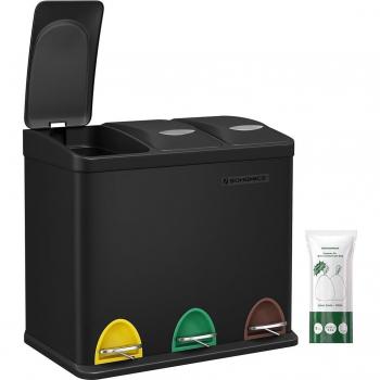 Cubo de Basura Songmics, Basurero con Pedal 3 en 1, 24 Litros, Sistema de Separación de Residuos para la Cocina, Duradero, Fácil de limpiar, Acero