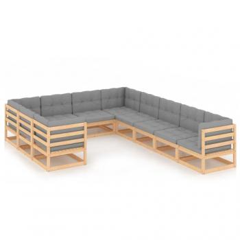 10-Piece Solid Pine Garden Lounge Set with Cushions