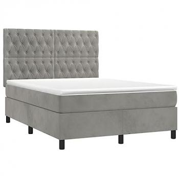Cama box spring colchón y LED terciopelo gris claro 140x200 cm