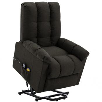 Silla de masaje elevable de tela marrón oscuro con función reclinable, estructura robusta, tapizado en tela suave y resistente, diseño ergonómico para mayor comodidad, múltiples opciones de masaje y ajuste de altura