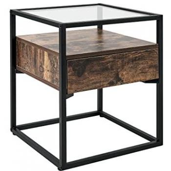 Mesa Auxiliar Rectangular de Madera Oscura con Tablero de Vidrio Negro y Estructura Metálica, 1 Cajón, Función de Almacenamiento