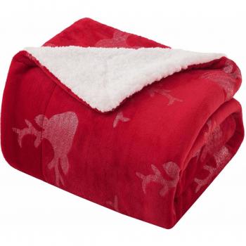 Bedsure Manta de Navidad Metálica de Franela/Sherpa 150x200cm - Patrón de Reno Suave y Acogedor - Manta Roja de Felpa para Sofa y Cama 90 como Regalo