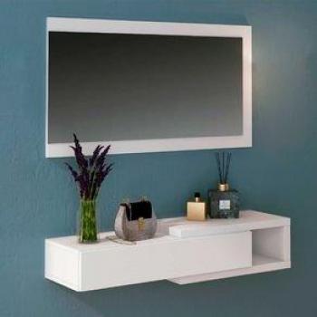 Recibidor Horizontal Aura con Espejo Blanco, diseño moderno, acabado en blanco mate, dimensiones 120 cm de ancho x 30 cm de profundidad x 80 cm de altura, incluye un espejo rectangular a juego, estructura resistente y fácil instalación