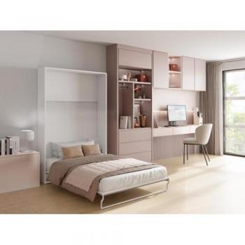 Cama abatible vertical 140 x 200 cm - Apertura manual - Blanco y gris + colchón Malina II