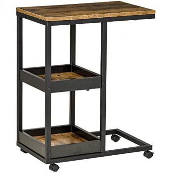 HOMCOM Mesita Auxiliar Industrial en Forma de C con Ruedas, Estantes Abiertos, Marco de Acero para Salón y Dormitorio, Dimensiones 51x33x66 cm, Color Marrón Oscuro