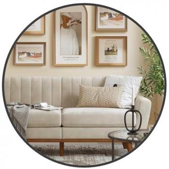 Espejo Redondo de 61 cm con Marco de Metal Negro Tinta - Fácil de Montar, Ideal para Baño, Sala de Estar y Dormitorio