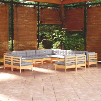 13-Piece Solid Pinewood Garden Lounge Set with Grey Cushions