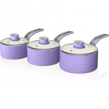 Batería Cocina Retro 3 Cazos 16-18-20cm, Tapas Vidrio, Inducción Antiadherente Cerámica Vintage Swan Swps3020purn Morado
