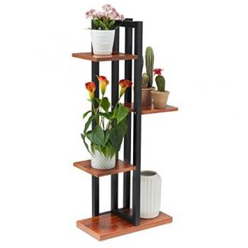 Estantería Metálica para Plantas, Escalera de 4 Baldas con Efecto Madera, Dimensiones 93x42,5x22,5 cm, Color Marrón Oscuro