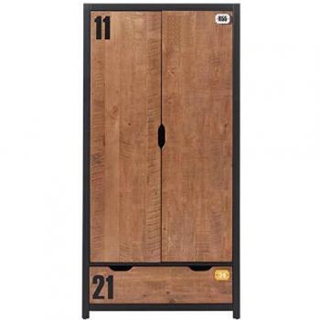 Armario Alex 2 puertas y 1 cajón, pino macizo oscuro y negro, dimensiones 200x100x55 cm