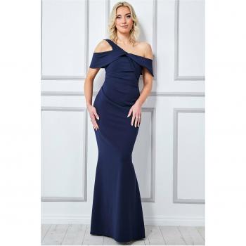 Goddiva One Shoulder Knot Maxi Dress - Navy - Size 10 UK