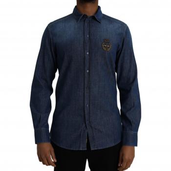 Dolce & Gabbana Blue Crown Bee Cotton Denim Shirt - Size L