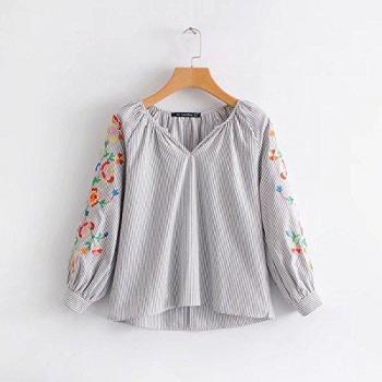 Camisa femenina chaqueta de mangas a rayas camisa bordada,Foto color,M