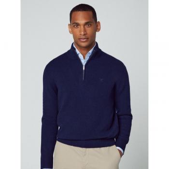 Jersey Hackett Lambswool Cuello Alto con Cierre Azul Marino para Hombre