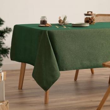 Mantel Rectangular Jacquard Liso Verde con Hilo Dorado para Navidad 140x200 cm