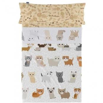 Juego de Sábanas 2 Piezas Multicolor Mr. Fox y Gatos - 100% Algodón, Calidad 150 TC, para Cama de 105 cm - Fabricado en España