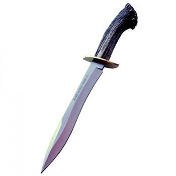 Cuchillo de Caza Muela Chevreuil CHEVREUIL-22S, puño de 11,5 cm de asta de ciervo con roseta y latón + tarjeta multiusos de regalo