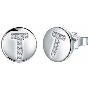 J.Endéar Pendientes Letra inicial T Niñas Mujer Plata de ley 925 con circonita cúbica Disco redondo Joyas, Tamaño pequeño