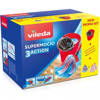Vileda SuperMocio 3Action - Caja de Lavapavimentos con 2 Recambios de Microfibra Power y Mango de 3 Piezas