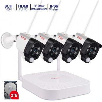 Sistema de cámaras de Seguridad inalámbricas Full HD 1080p Tonton, grabadora NVR de 8 Canales con HDD de 2 TB y 4PCS 2.0 MP Cámaras de Bala Interiores para Interiores, Impermeables, con Sensor PIR