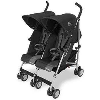 Maclaren Twin Triumph silla de paseo ligera y comapcta para niños a partir de 6 meses hasta 15 kg en cada asiento, Capota individual extensible, Incluye protector para la lluvia, Negro/gris oscuro