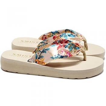 Sandalias Mujer Verano, Estilo Bohemio Cinta Seda Decorado, Zapatillas Antideslizantes de Playa, Beige, 41 EU