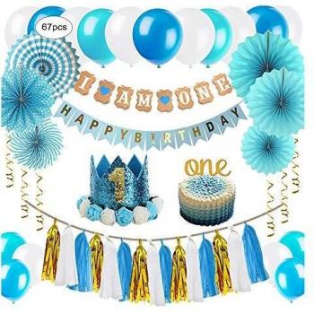 ZNZ DECORACIÓNES para EL Primer CUMPLEAÑOS para BEBÉ - NIÑO NIÑA 1 año Fiesta de Cumpleaños, Globos Pancartas Papel de Abanico Flor y Pastel Topper de Corona de Tiara,Gorra, Diadema, Papel Borla