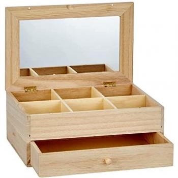 Artemio - Joyero de Madera Sin Tratar con Espejo en Tapa, 6 Compartimentos y 1 Cajón (25 x 17,5 x 11,5 cm)