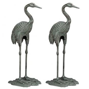 Figuras Decorativas de Grulla para Jardín - 2 Piezas, Hierro Fundido, Resistentes a Heladas e Intemperie, Dimensiones: 75 x 35 x 22 cm, Color Verde