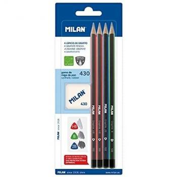 Milan BYM10344 - Blíster con 4 lápices de grafito triangular, goma de borrar