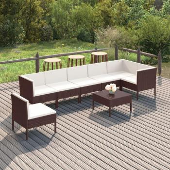 8-Piece Brown Poly Rattan Garden Lounge Set with Cushions