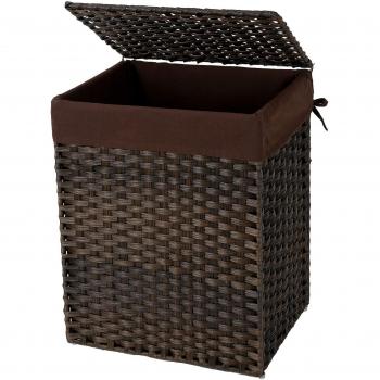 SONGMICS 90L Cesta de la Ropa, Tejida a Mano, Cesta de la Colada de Ratán Sintético con Tapa y Asas, Plegable, Bolsa con Forro Extraíble, Marrón LCB51BR