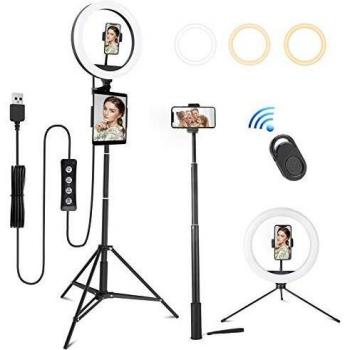 MINLUK Aro de luz LED, 10 Anillo de luz con Trípode 164cm para Tableta/Móvil/Cámara con Control Remoto, 3 Modos Luz 10 Niveles Brillo para Maquillaje, Transmisión en Vivo, Selfie, Youtube, TIK Tok