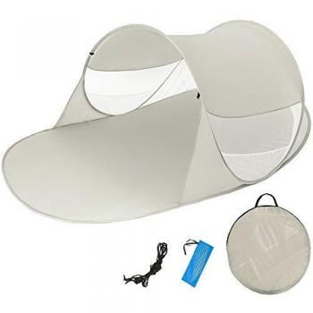 Tienda de playa pop-up Angélica gris, auto-montante, 245 x 145 x 95 cm, con buena ventilación y varillas de fibra de vidrio