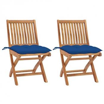 Teak Garden Chairs Set of 2 with Blue Cushions