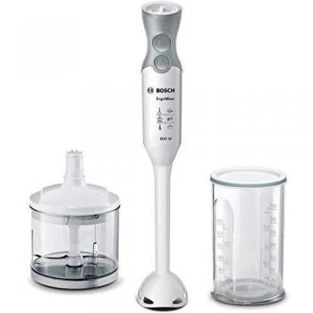 Bosch ErgoMixx MSM66020 - Batidora de mano, 600 W, regulador de velocidad y función Turbo, cúpula con cuatro cuchillas, con vaso de mezclas y picador, color blanco y gris