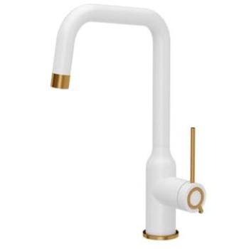 Grifo de Cocina Quadron Natalie Q Line, Mezclador 360°, Acero Inoxidable, Blanco, Altura 34 cm, Cerámica y Acabado PVD Cobre