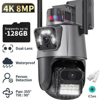 Cámara de Seguridad Wifi 8MP 4K Doble Lente Impermeable CCTV con Alarma Luz de Policía y Soporte para Tarjeta TF EU Plug