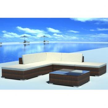6-Piece Brown Poly Rattan Garden Lounge Set with Cushions