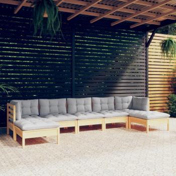 7-Piece Pinewood Garden Lounge Set with Gray Cushions