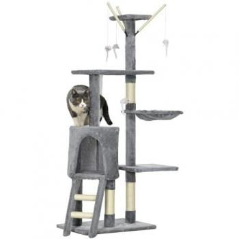 PawHut Árbol para Gatos Rascador Grande 50x35x134,2 cm con Nidos Plataformas Casetas Ratón de Juego Cubierto de Felpa Beige y Gris, incluye hamaca y postes de sisal