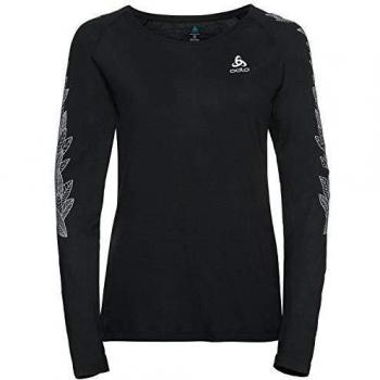Odlo Camiseta para Mujer Bl Top Crew Neck L/S Concord, Mujer, 550501, Black - Leaves on Sleeve Print SS19, Small