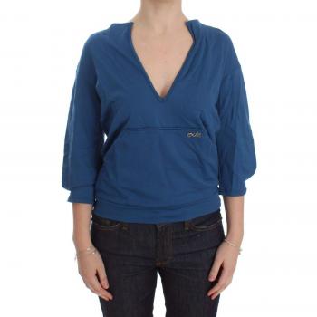 Blue Cotton Top Pullover Deep V-neck Women Sweater - IT40|S