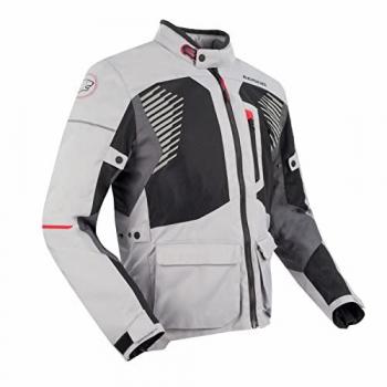 Bering Chaqueta de Moto Bakundu Gris-Negro-Rojo, chaqueta textil impermeable para motocicletas, talla S