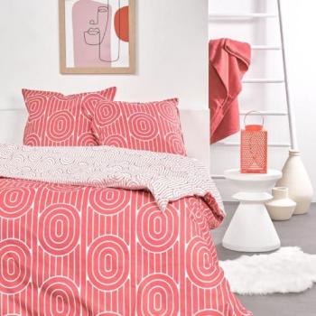 Juego de Cama Doble Sunshine 220 x 240 cm, Algodón 100%, Estampado Geométrico, Color Rosa Coral y Blanco