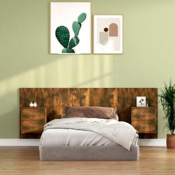 Cama de cabecera con mesitas en madera contrachapada roble ahumado y cabeceras en madera multicapa Smoke Oak