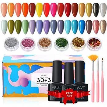 Esmaltes Semipermanentes, Abody 43PCS Esmalte de Uñas en Gel UV LED, Incluye 30 Colores Esmaltes de Uñas, con Base, Capa Superior Brillante y Mate, 6 Brillos, 3 Cepillos, Limas de Uñas