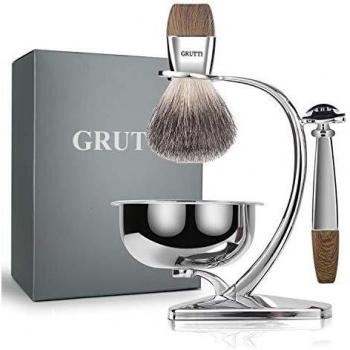 Set di rasatura GRUTTI, rasoio di lusso per cromoterapia e supporto per spazzole con lama per doppio filo